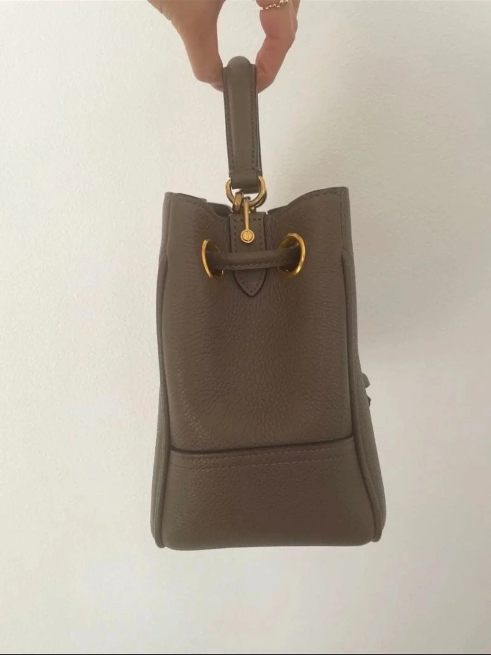 Mulberry Olive Leather Mini Drawstring Bucket Bag with Gold Hardware
